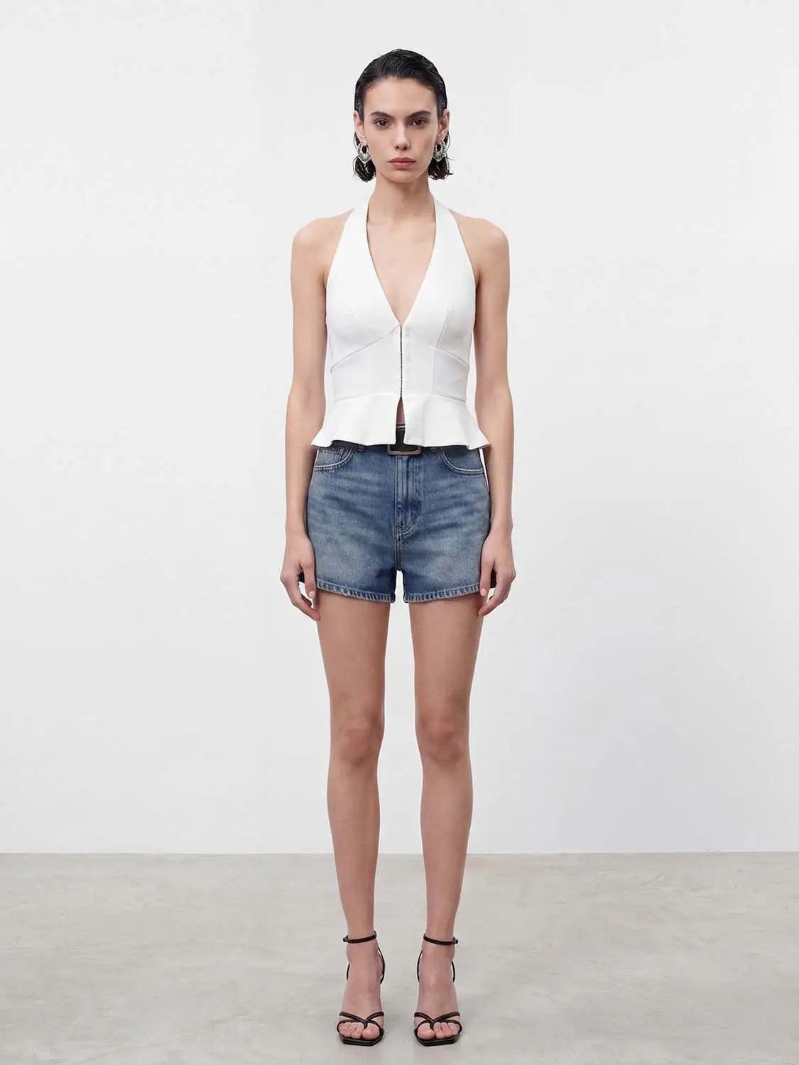 Peplum Zipper Front Fit Versatile Halter Sleeveless Shirt