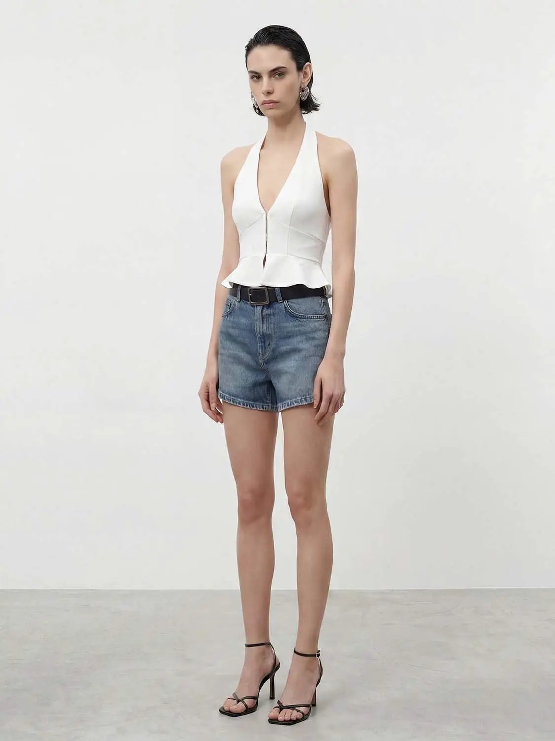 Peplum Zipper Front Fit Versatile Halter Sleeveless Shirt