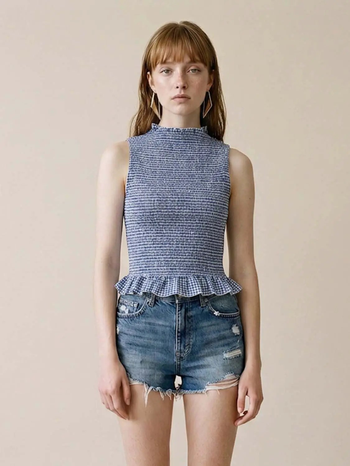 Textured Peplum Sleeveless Overhead Shirt