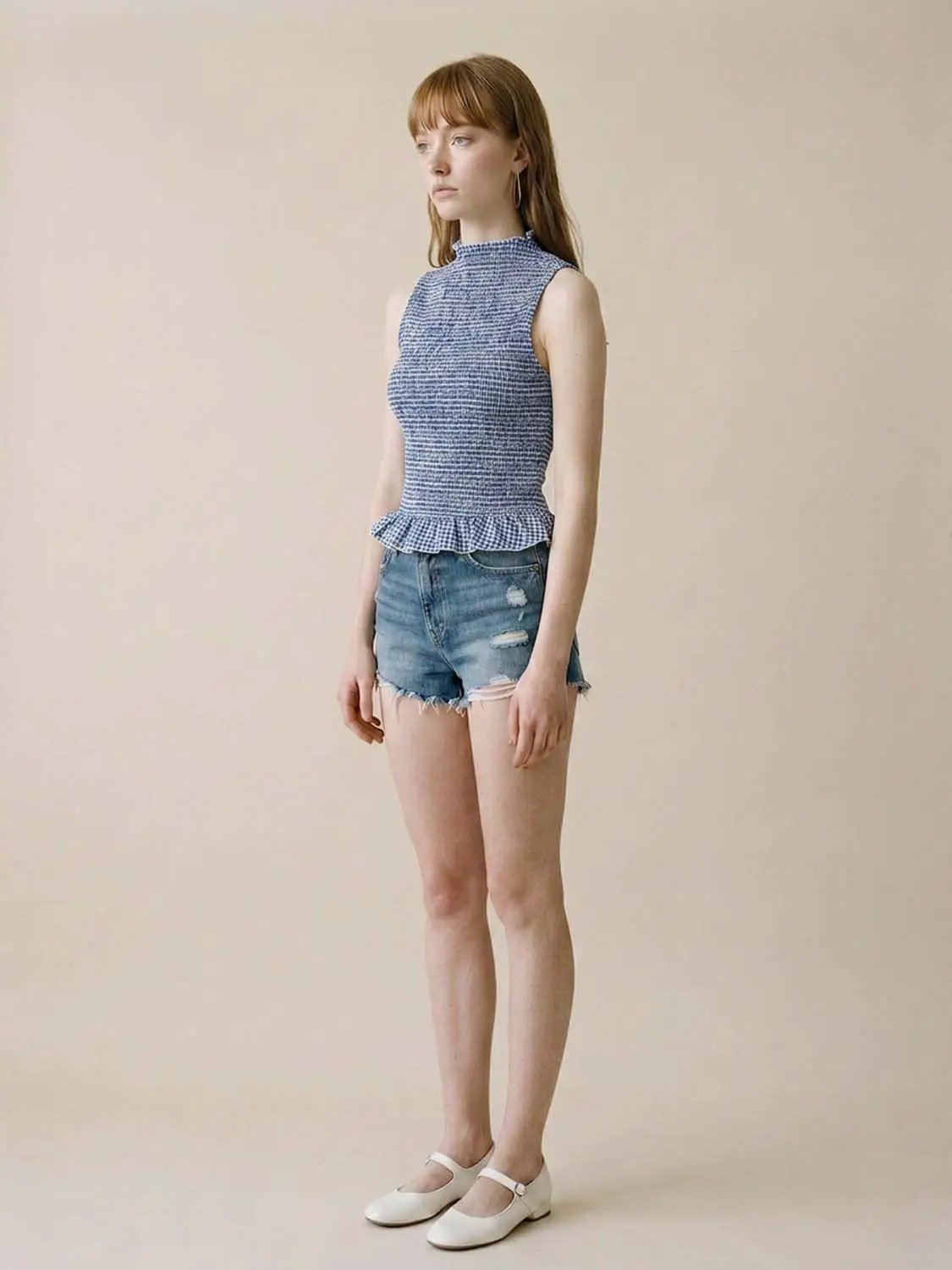 Textured Peplum Sleeveless Overhead Shirt