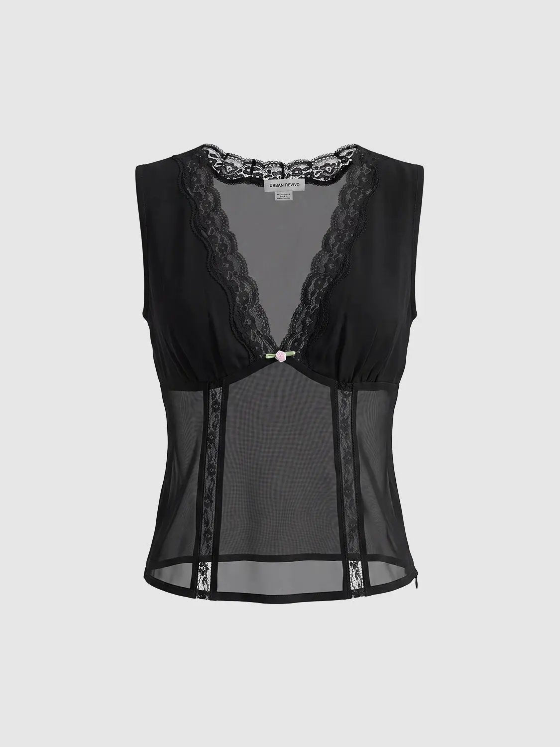 Delicate Black Lace Trimmed Sheer V-neck Blouse