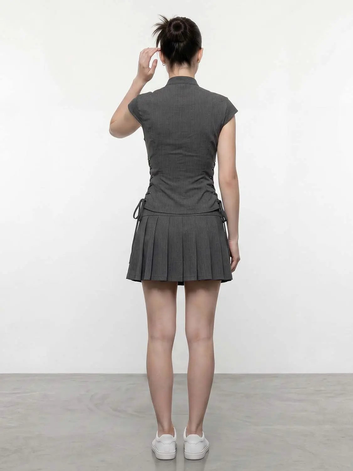 Lace-Up Cutout Chest Zipper Front Slim-Fit Shirt