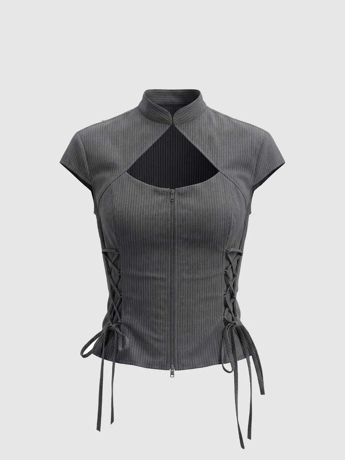 Lace-Up Cutout Chest Zipper Front Slim-Fit Shirt