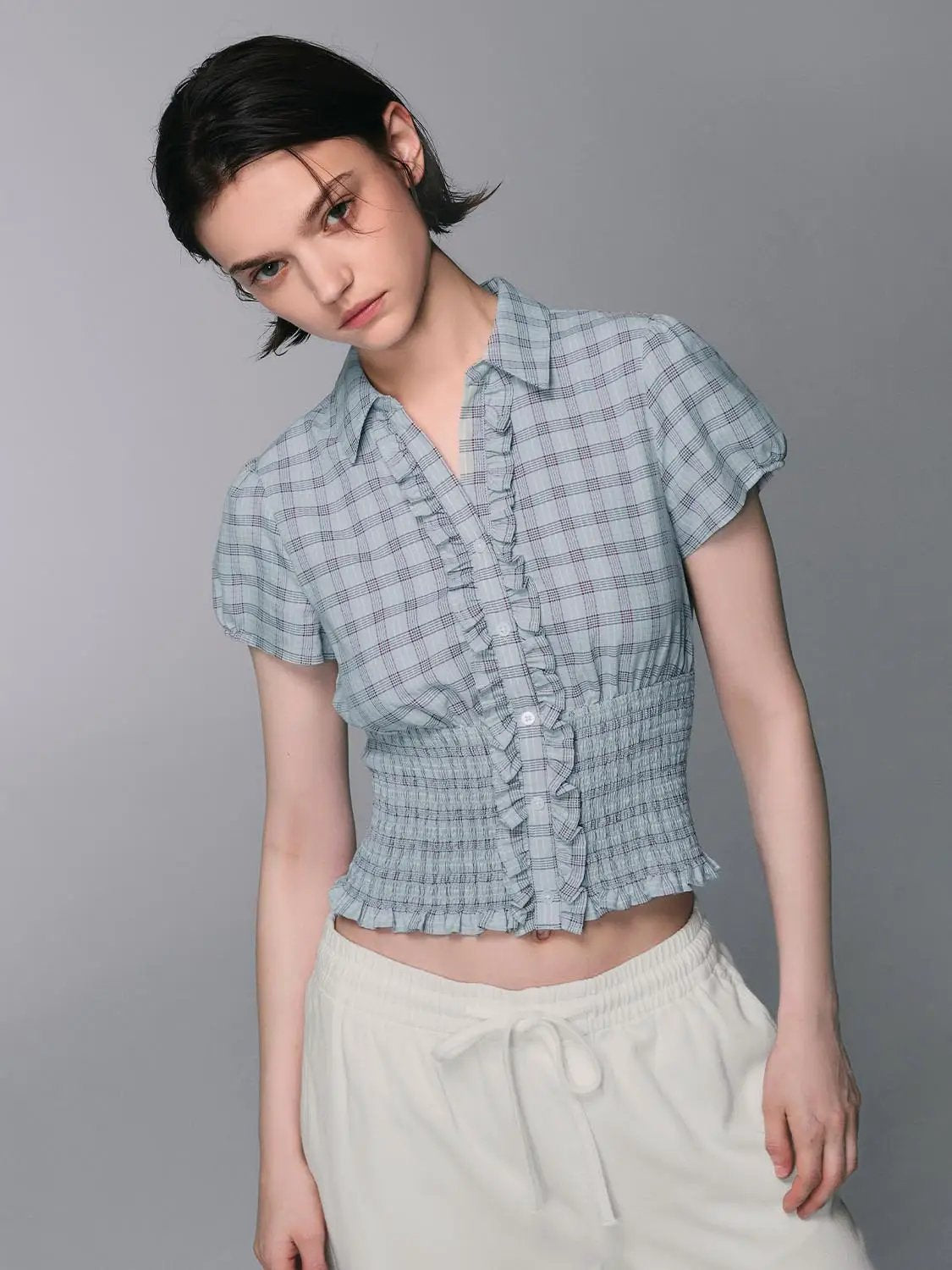 Ruffled Placket Gingham Lettuce Hem Blouse