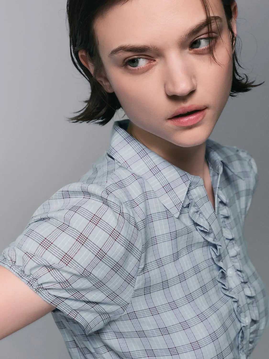 Ruffled Placket Gingham Lettuce Hem Blouse