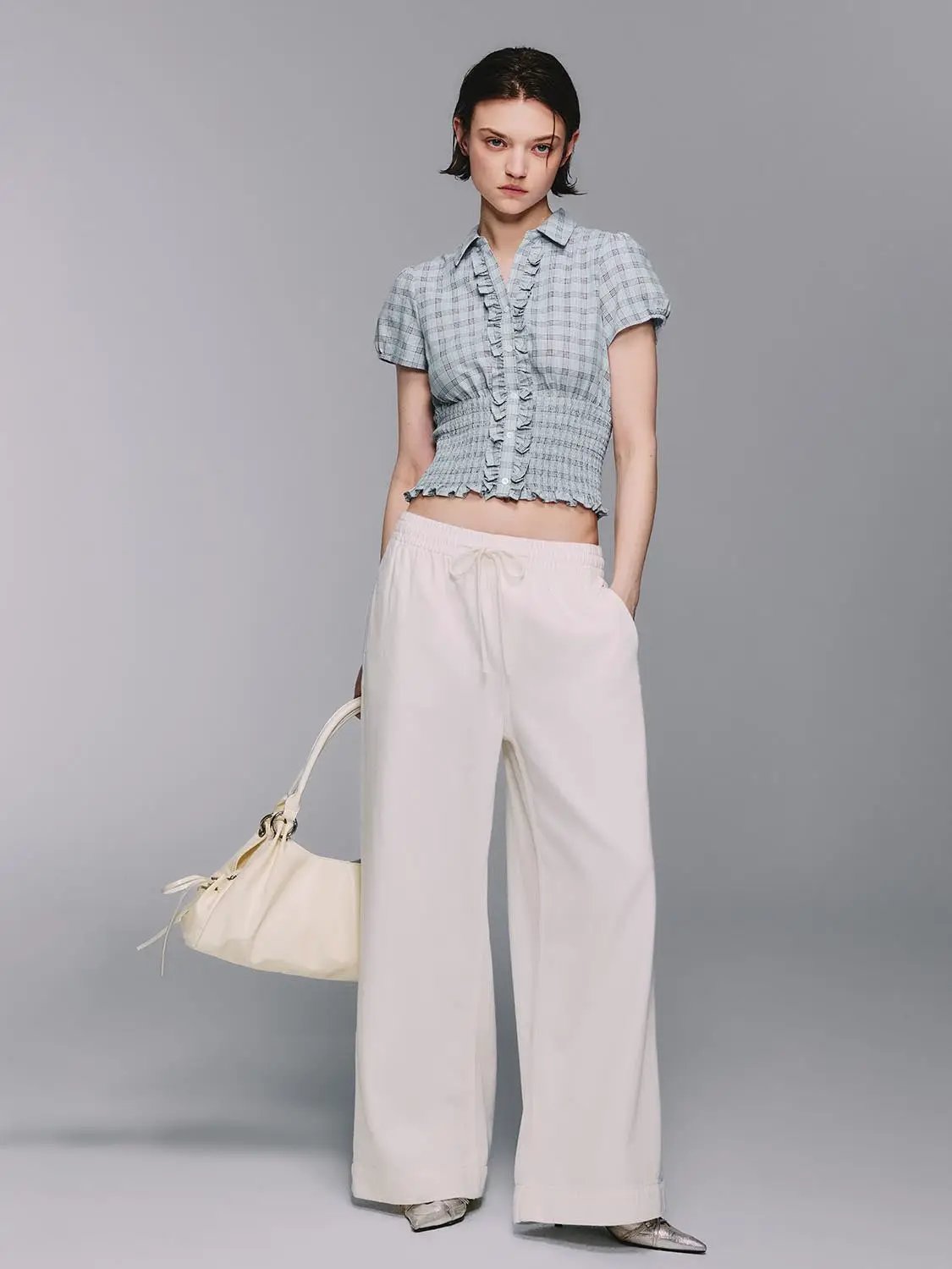 Ruffled Placket Gingham Lettuce Hem Blouse