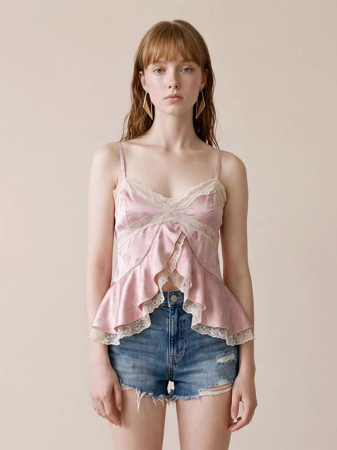 Lace Trim Ruffle V-Neck Camisole