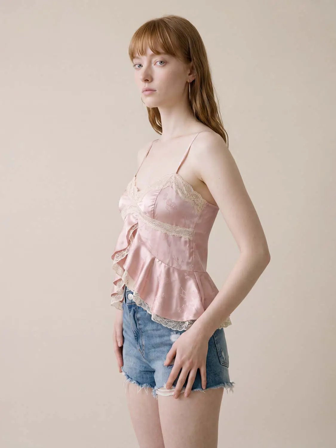 Lace Trim Ruffle V-Neck Camisole