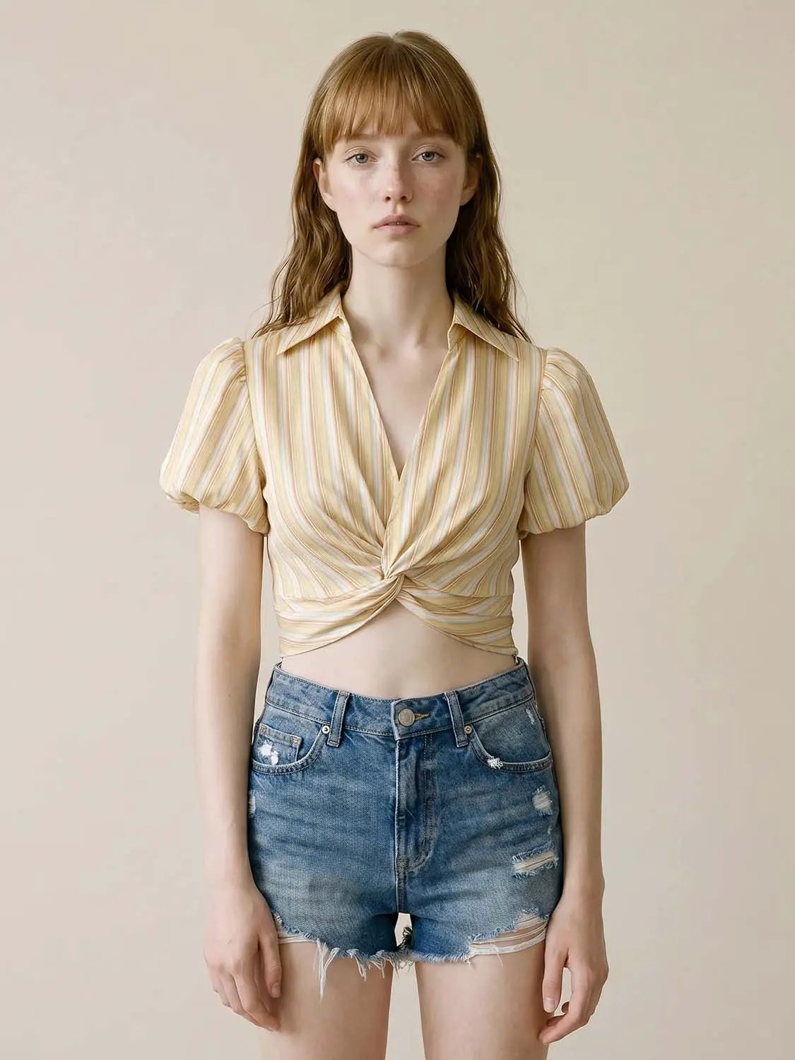 Stripe Twist Front Puff Sleeve Collared Cropped Shirt