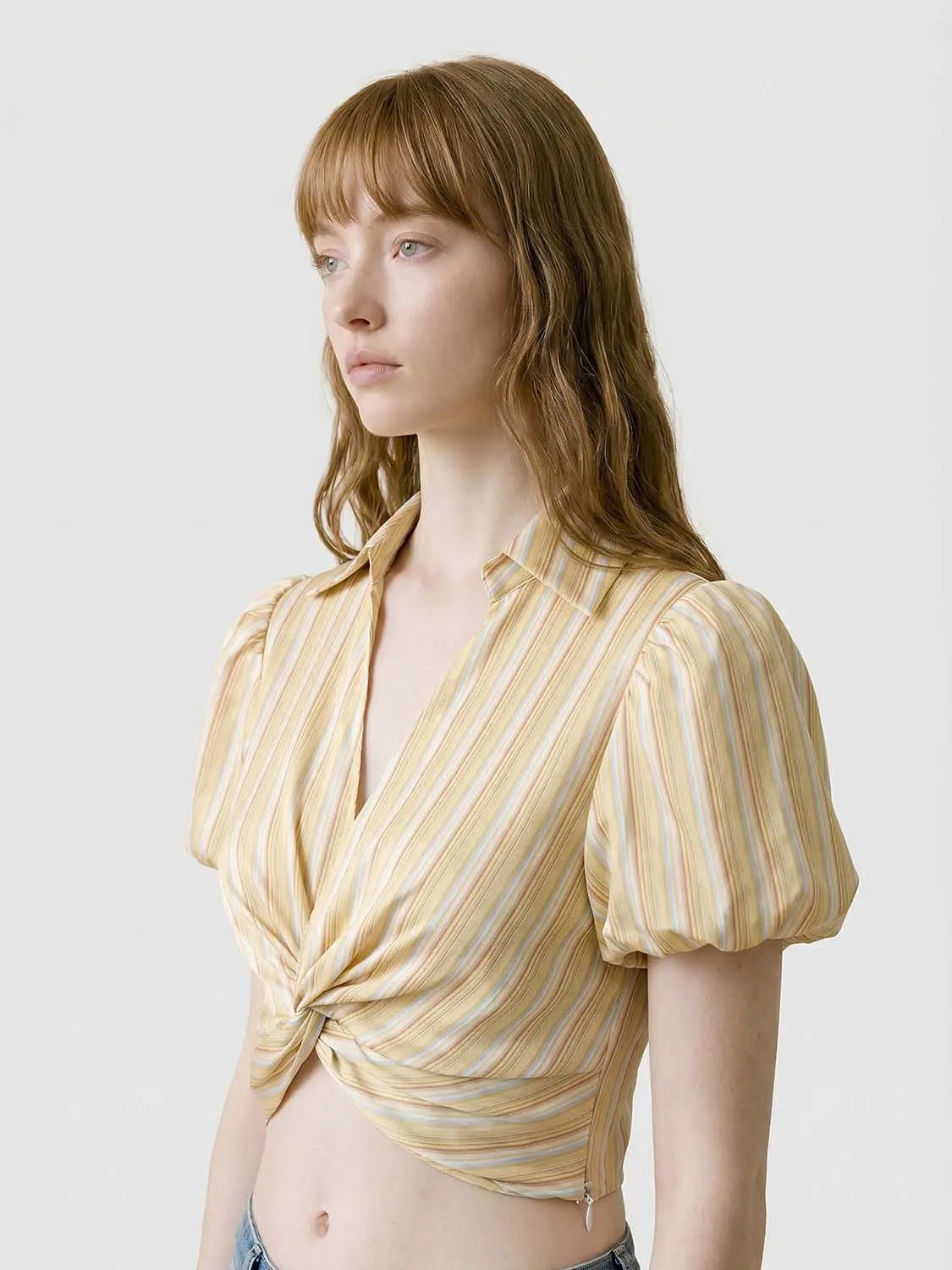 Stripe Twist Front Puff Sleeve Collared Cropped Shirt