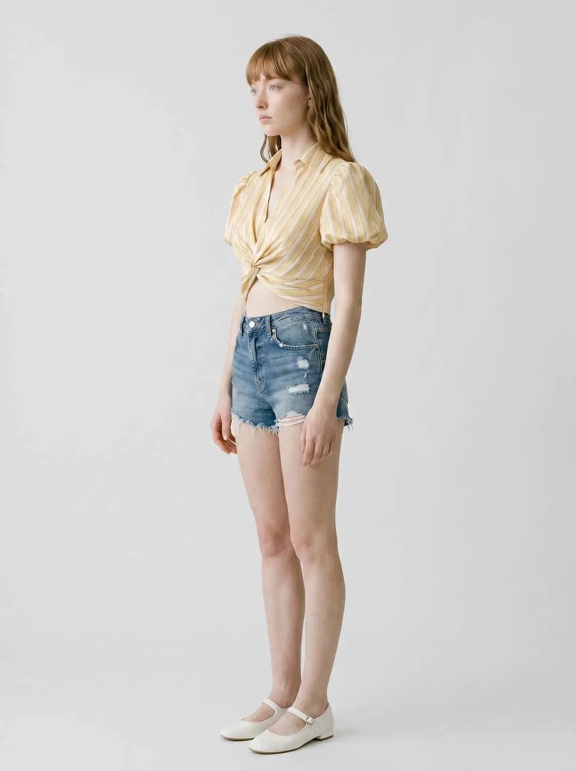 Stripe Twist Front Puff Sleeve Collared Cropped Shirt
