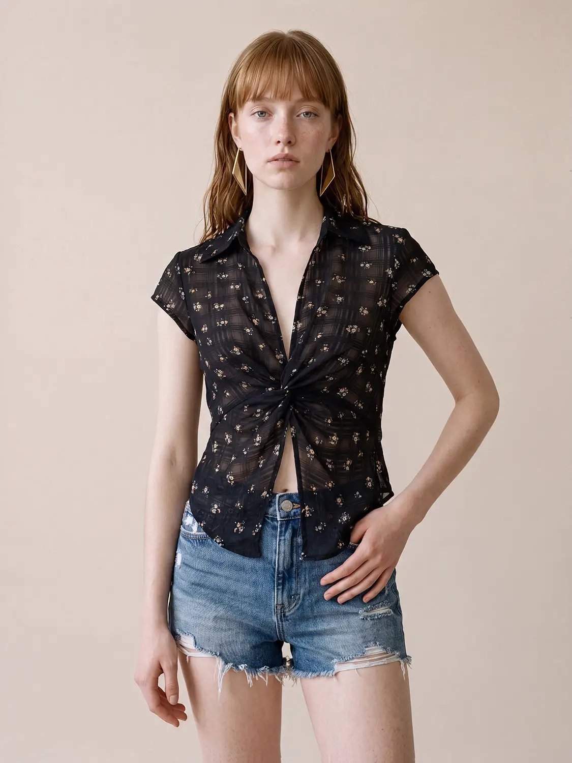 Black Twist Knot Floral Sheer Lightweight Blouse