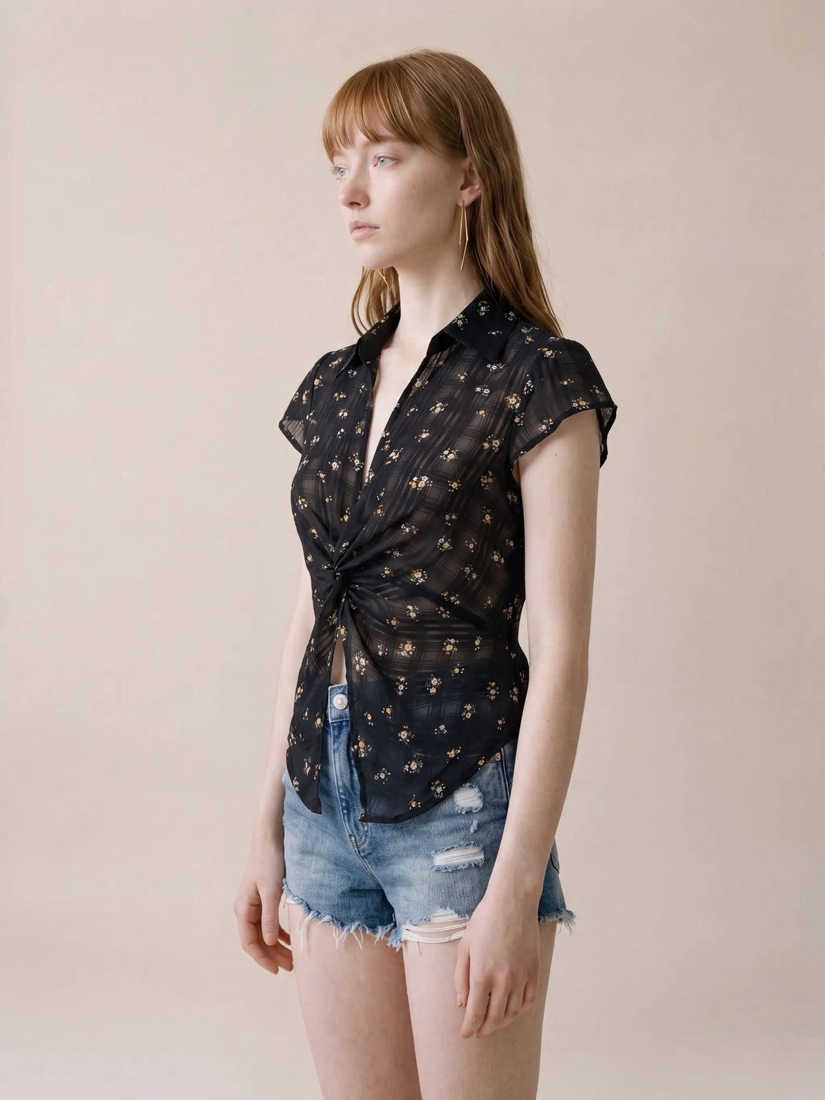 Black Twist Knot Floral Sheer Lightweight Blouse