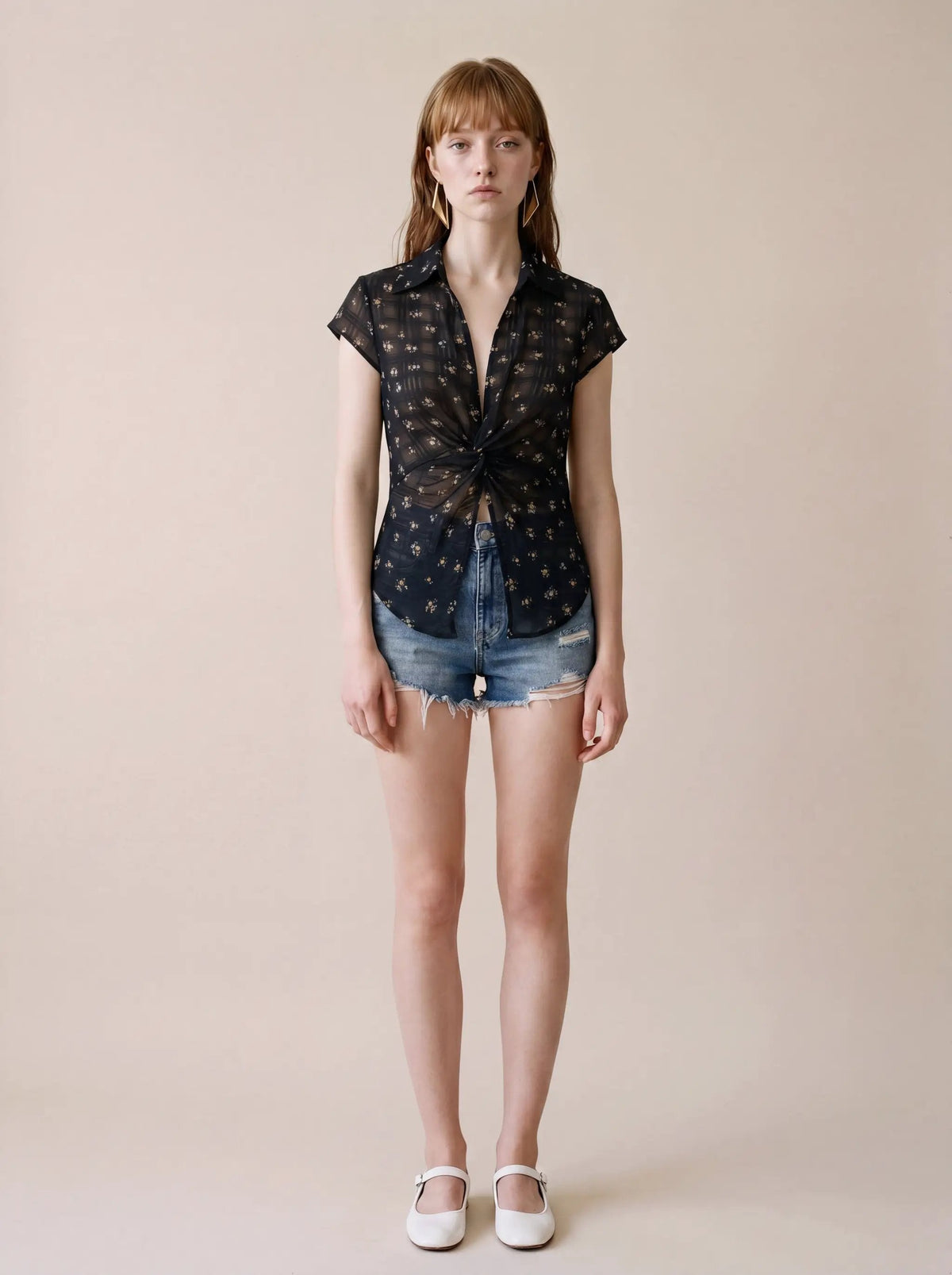 Black Twist Knot Floral Sheer Lightweight Blouse