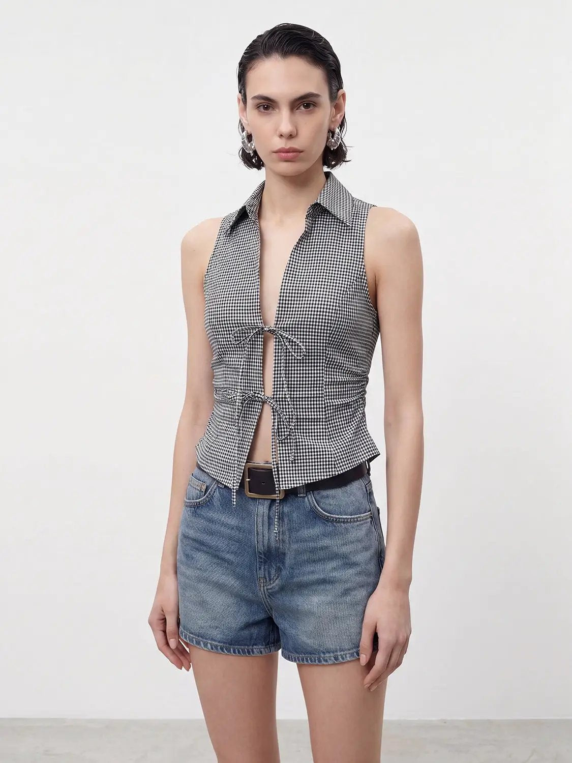 Gingham Tie Front Sleeveless Cardigan Shirt