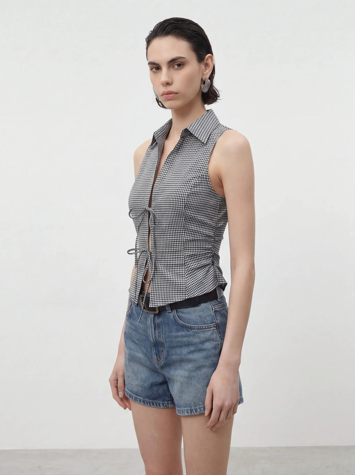 Gingham Tie Front Sleeveless Cardigan Shirt