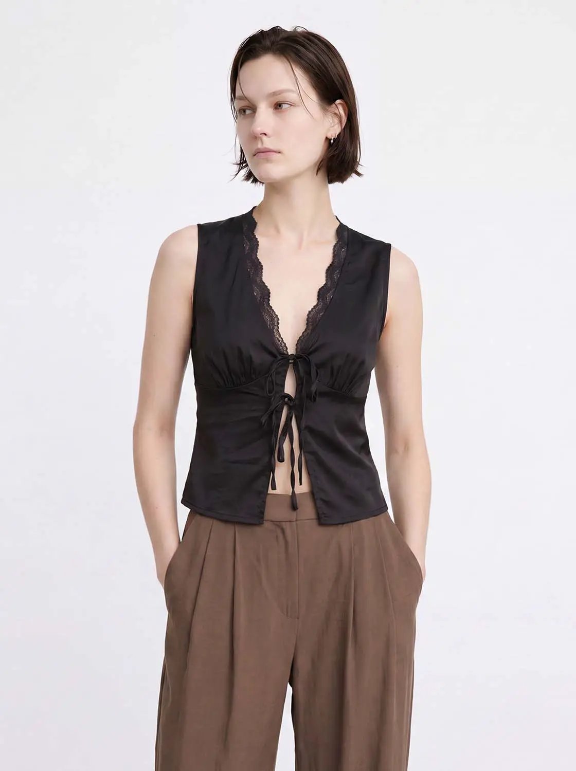 V-neck Lace Panel Tie Front Cami Top