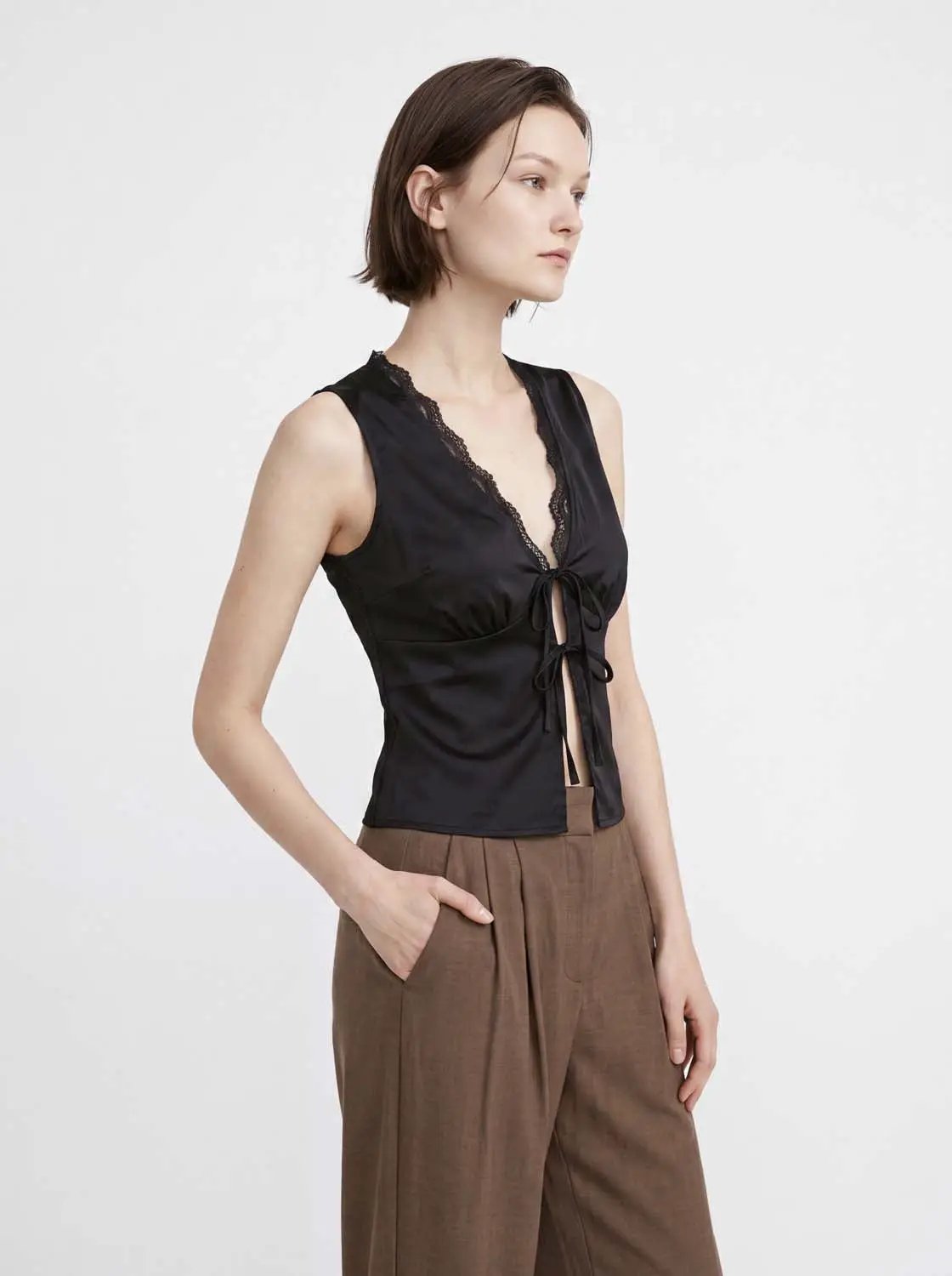 V-neck Lace Panel Tie Front Cami Top