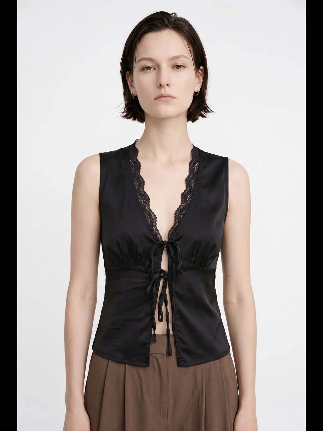 V-neck Lace Panel Tie Front Cami Top
