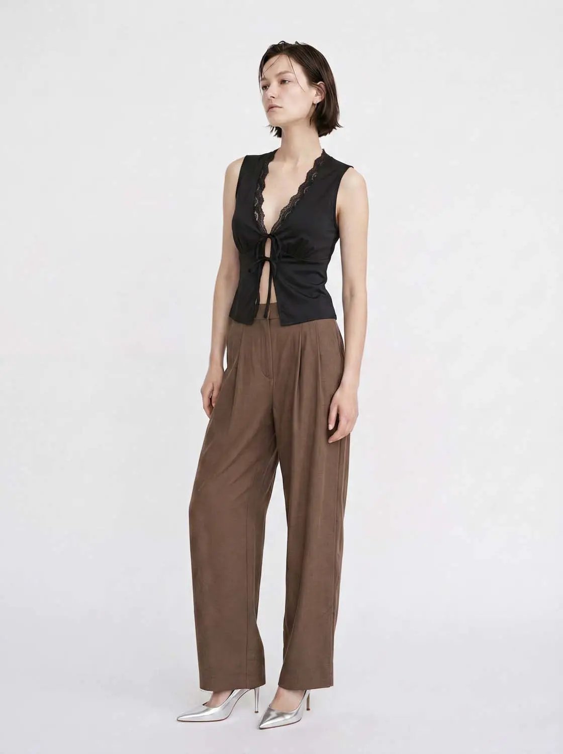 V-neck Lace Panel Tie Front Cami Top