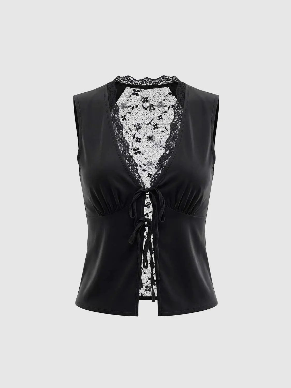 V-neck Lace Panel Tie Front Cami Top