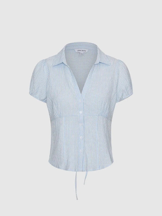 Drawstring Checked Shirt Collar Short Sleeve Shirt