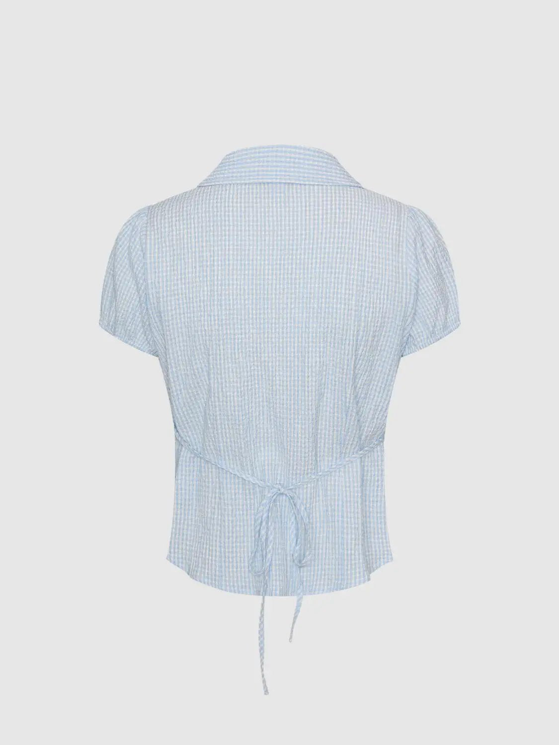 Drawstring Checked Shirt Collar Short Sleeve Shirt