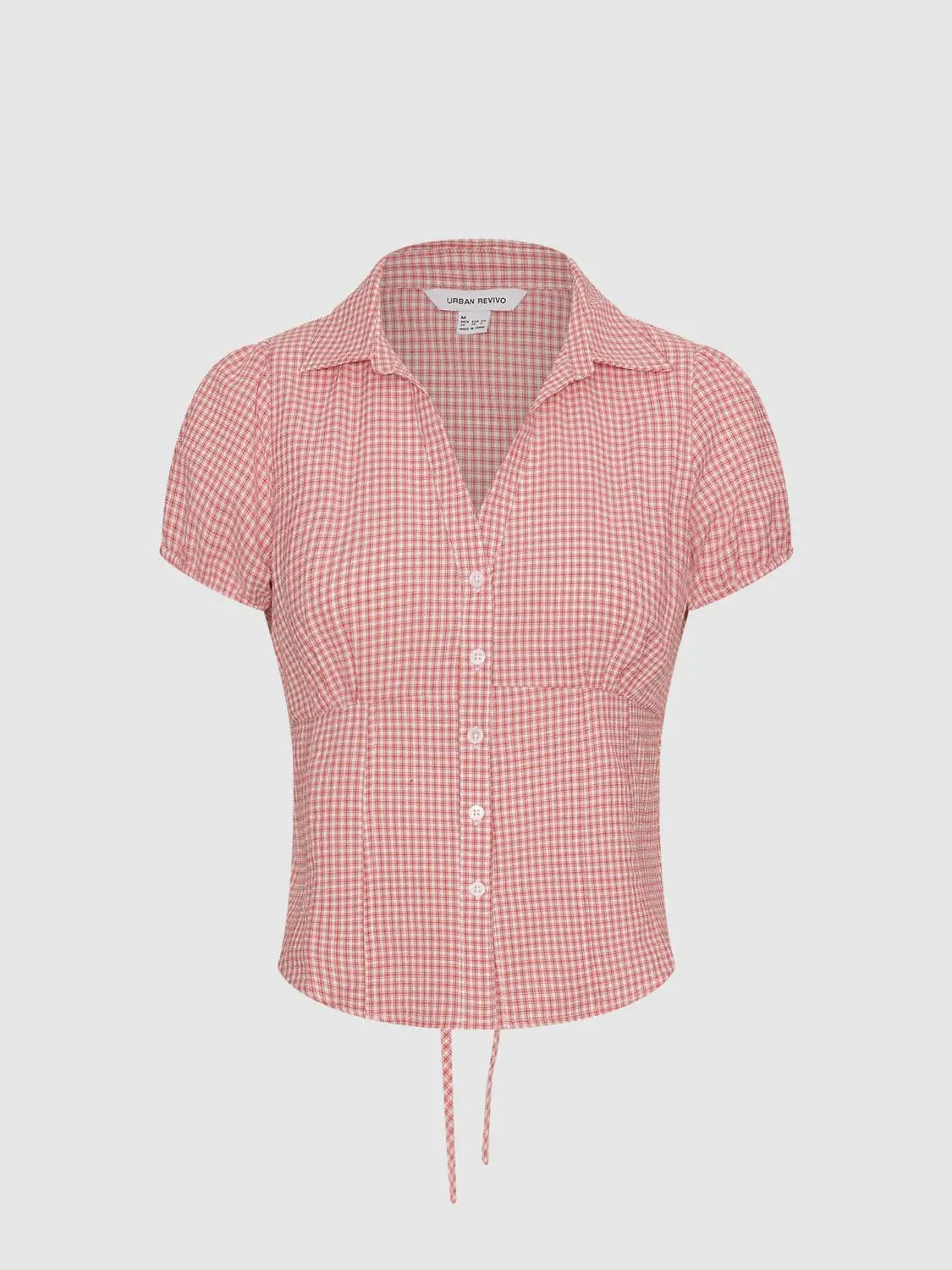 Drawstring Checked Shirt Collar Short Sleeve Shirt
