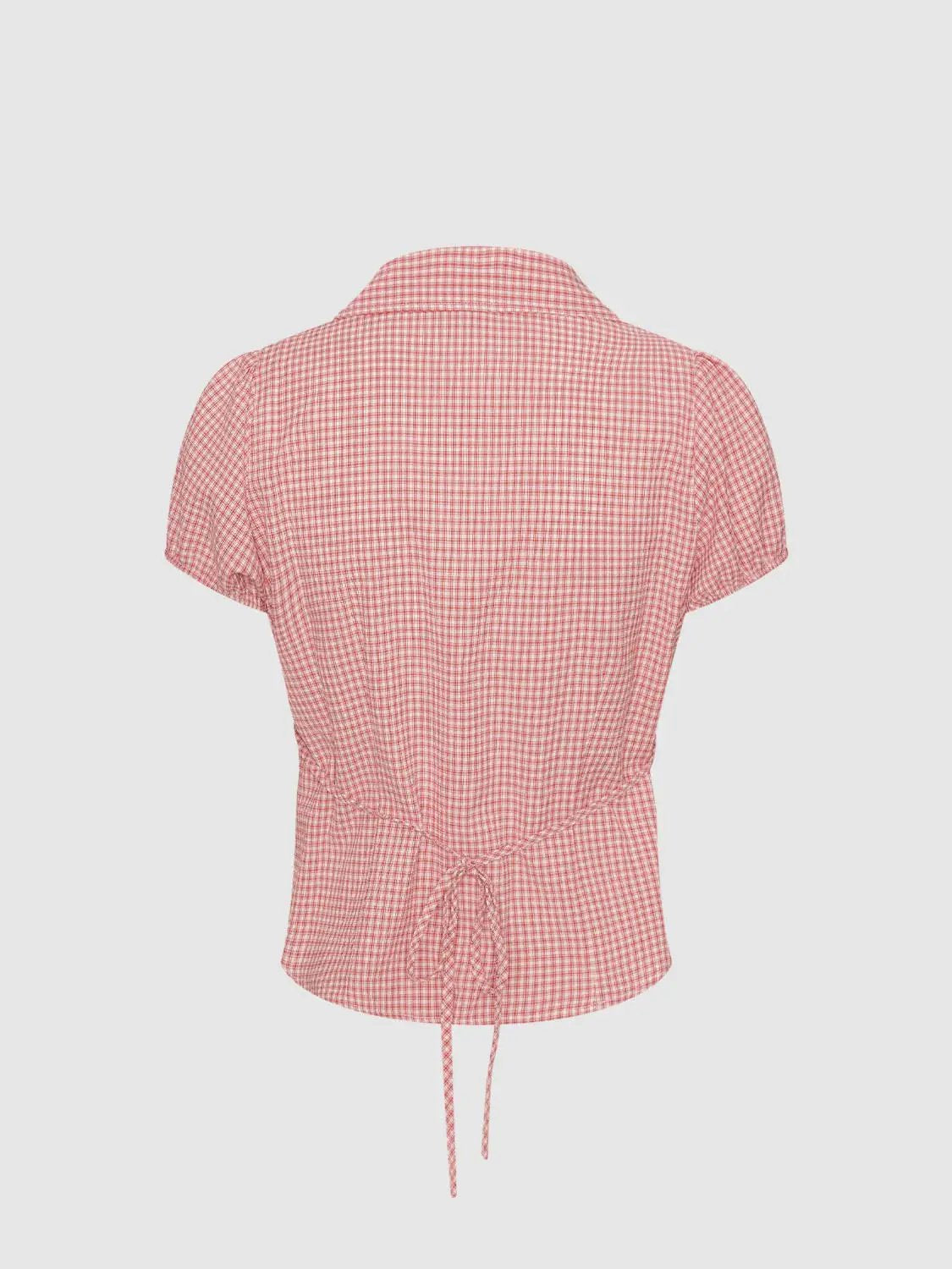 Drawstring Checked Shirt Collar Short Sleeve Shirt