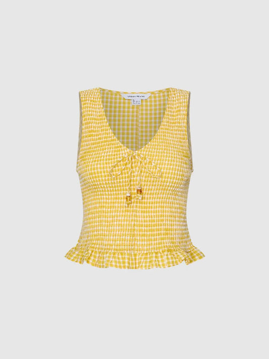 Smocked Beaded Tie-Front Gingham Ruffle Hem Sleeveless Top