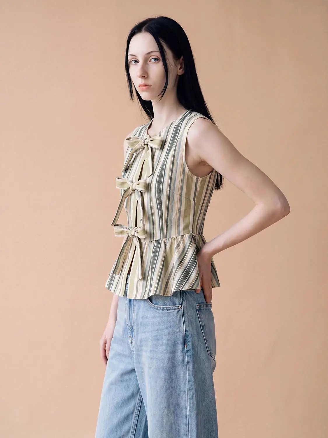 Striped Tie-Front Peplum Sleeveless Shirt