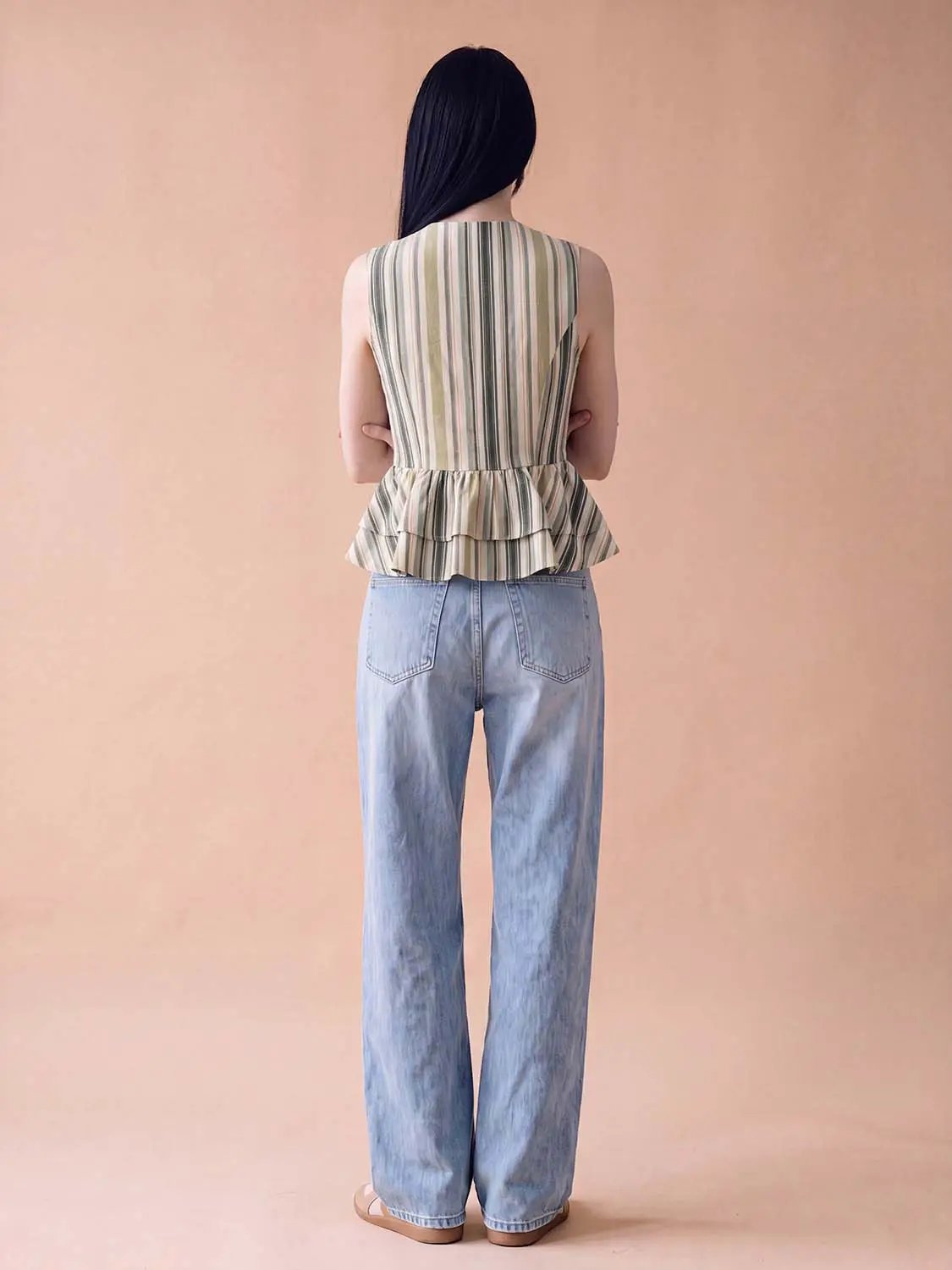 Striped Tie-Front Peplum Sleeveless Shirt