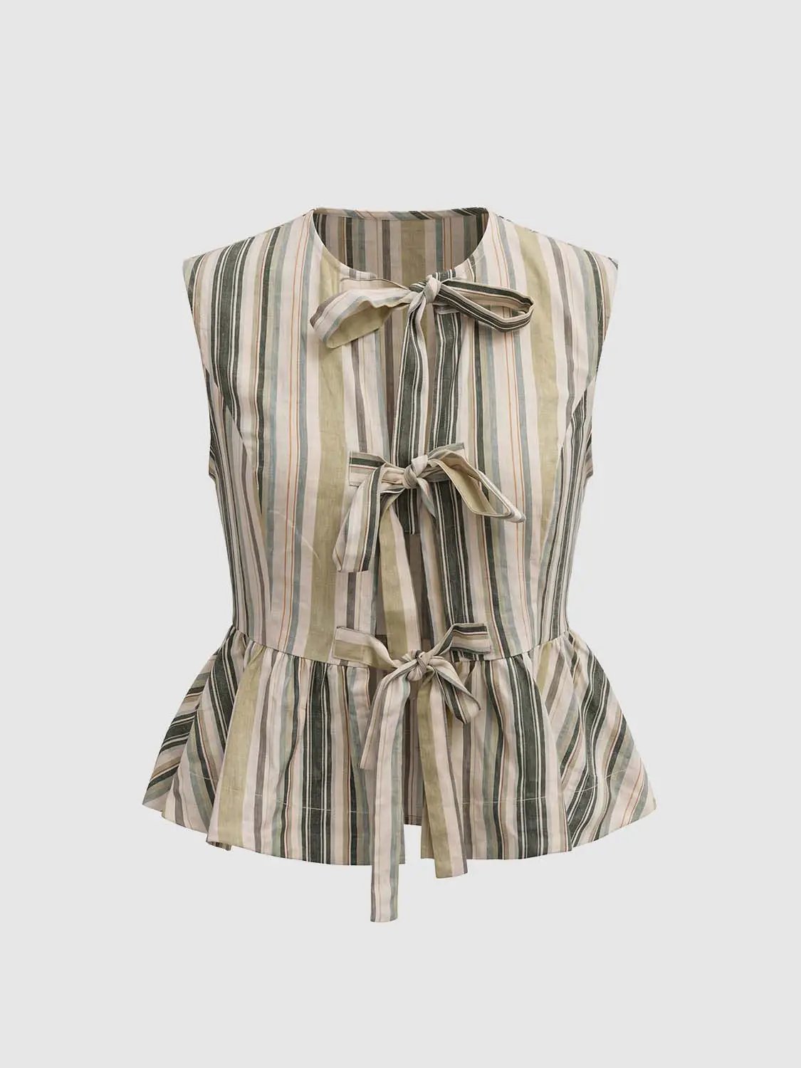 Striped Tie-Front Peplum Sleeveless Shirt