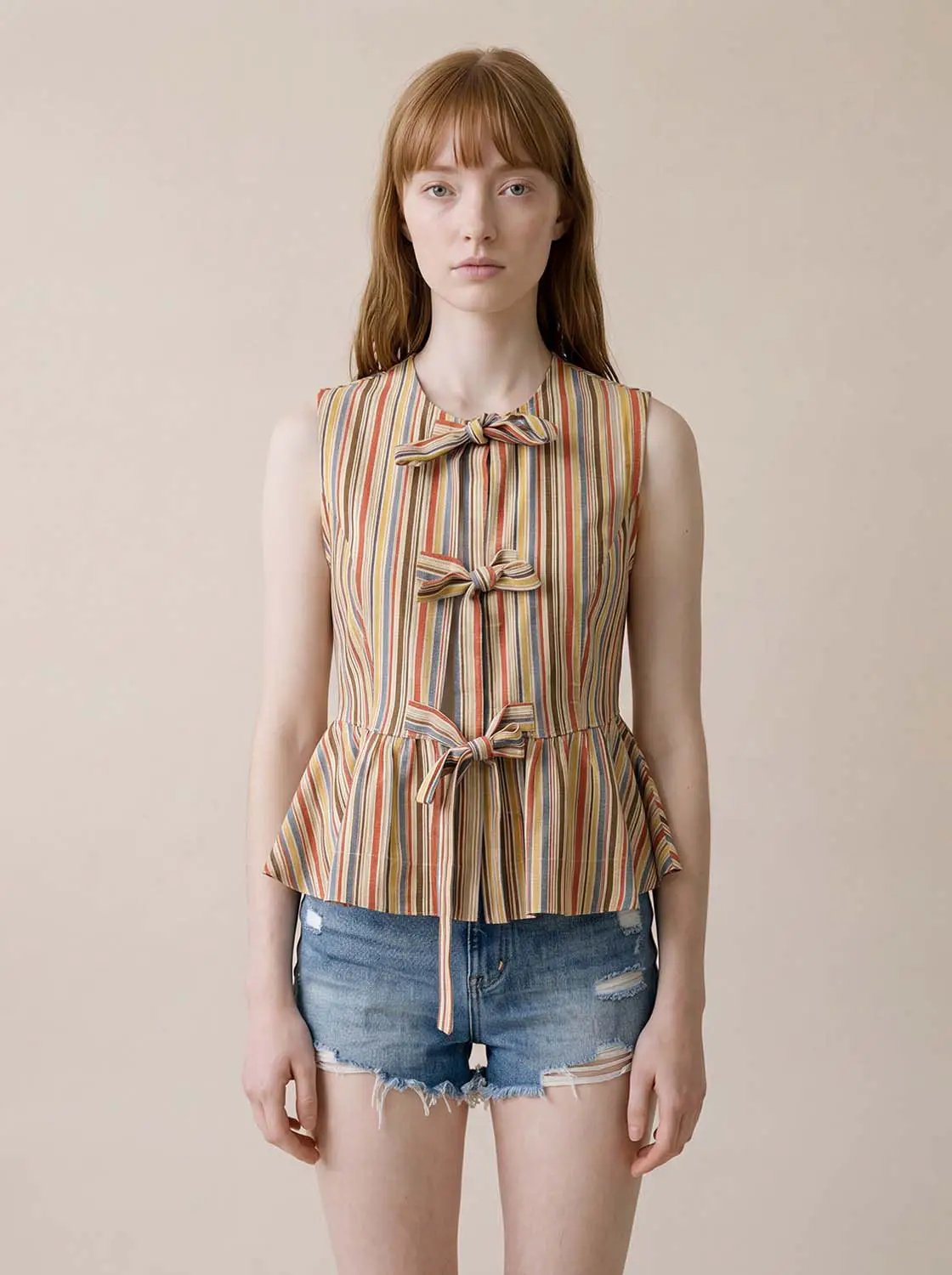 Striped Tie-Front Peplum Sleeveless Shirt