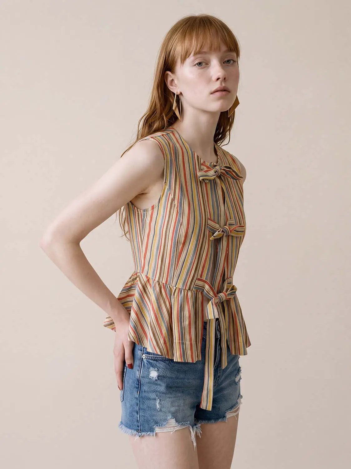Striped Tie-Front Peplum Sleeveless Shirt