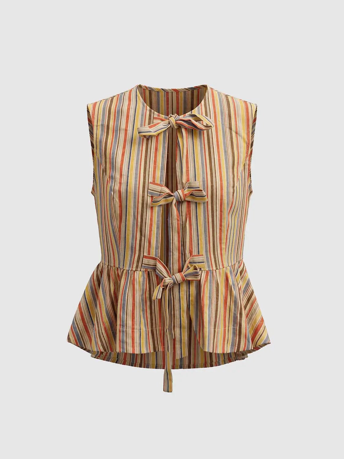 Striped Tie-Front Peplum Sleeveless Shirt