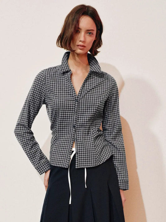 Button-front Checked Long Sleeve Fitted Shirt