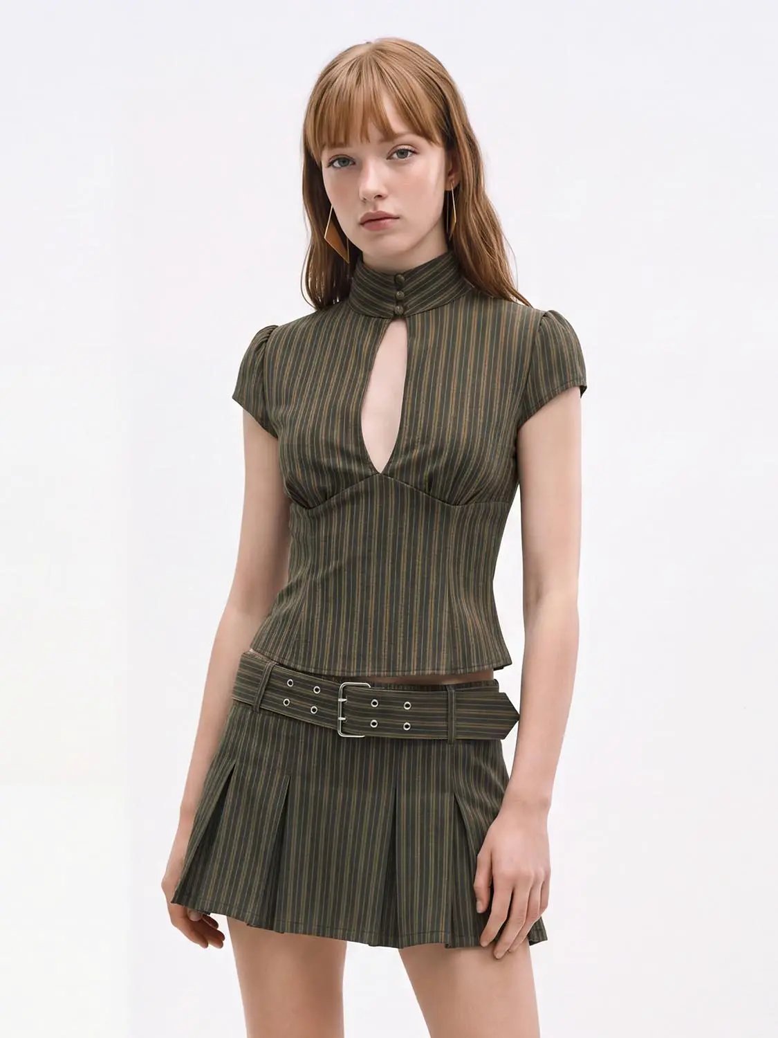 Striped Keyhole Mock Neck Short Sleeve Blouse
