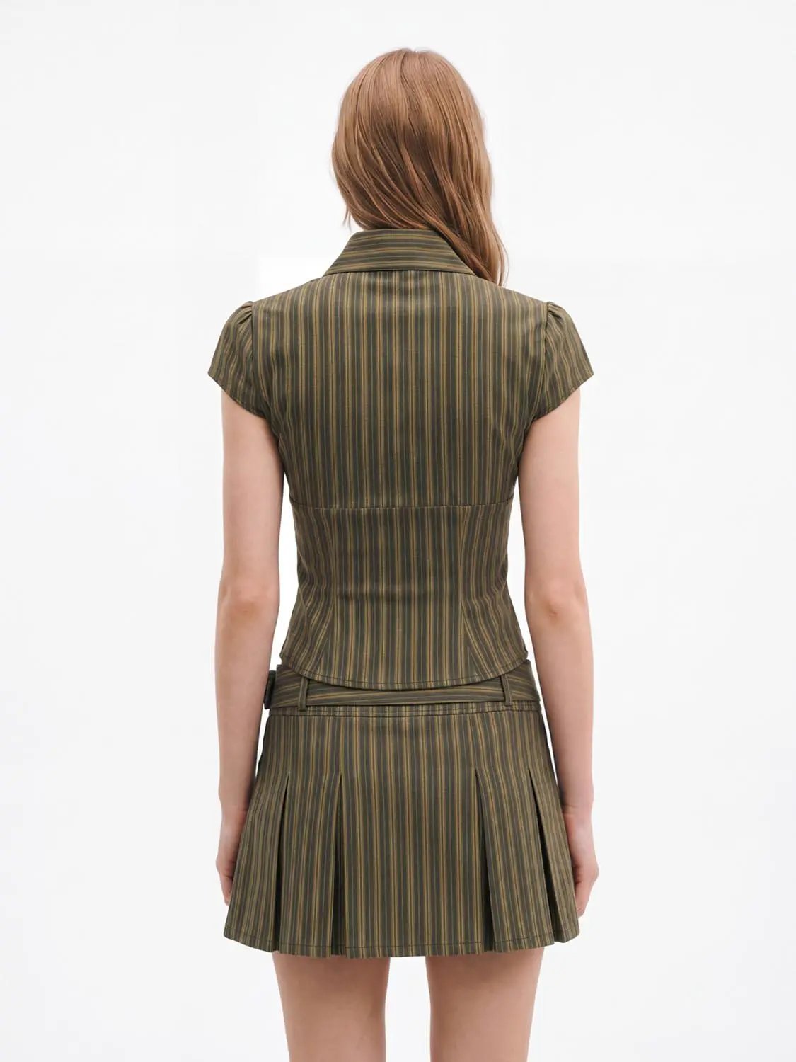 Striped Keyhole Mock Neck Short Sleeve Blouse