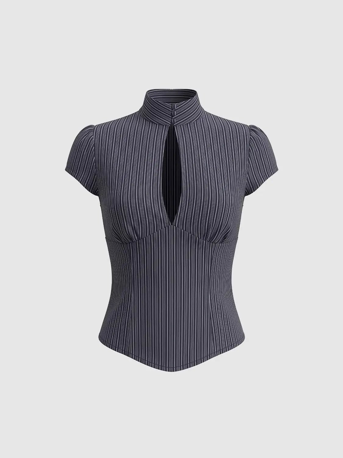 Twisted Striped Fitted Keyhole Short Sleeve Blouse
