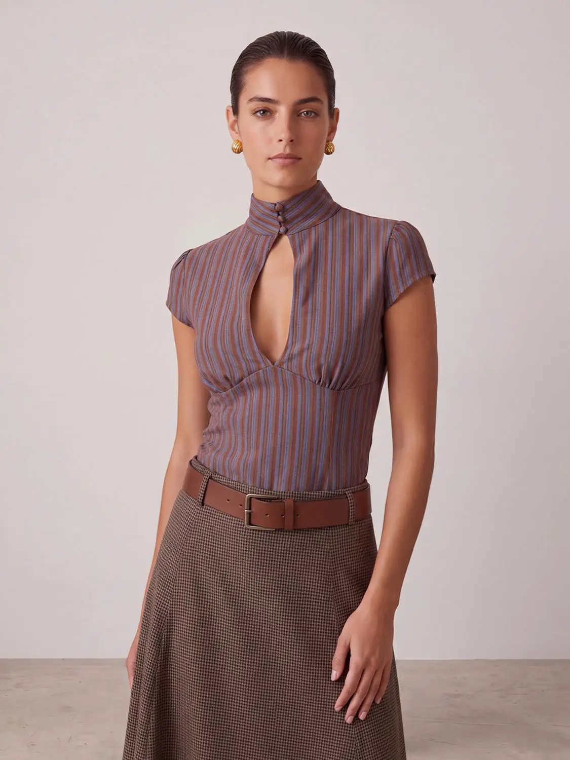 Keyhole Striped Fitted Mock Neck Short Sleeve Blouse
