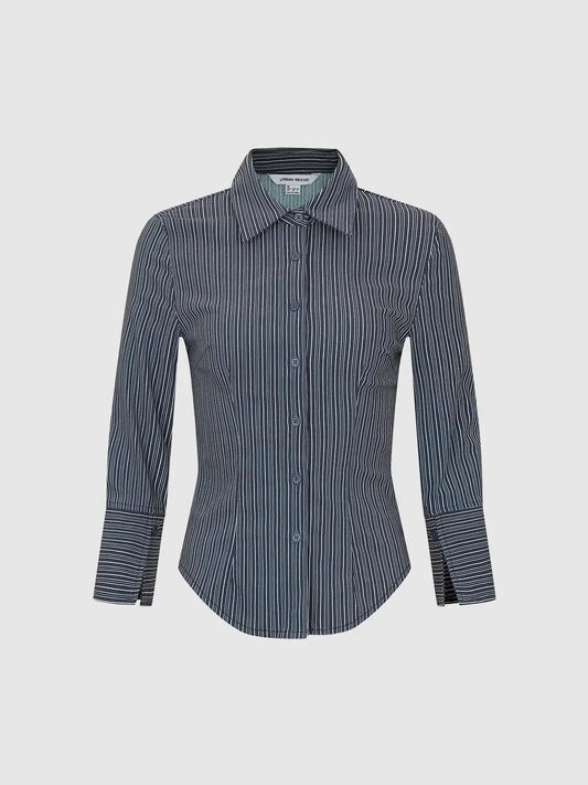 Striped Fitted Shirt Collar Long Sleeve Shirt