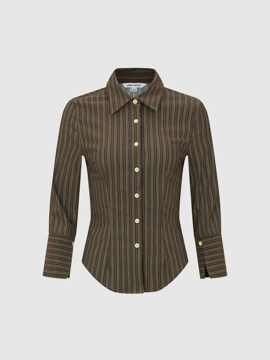 Striped Fitted Shirt Collar Long Sleeve Shirt