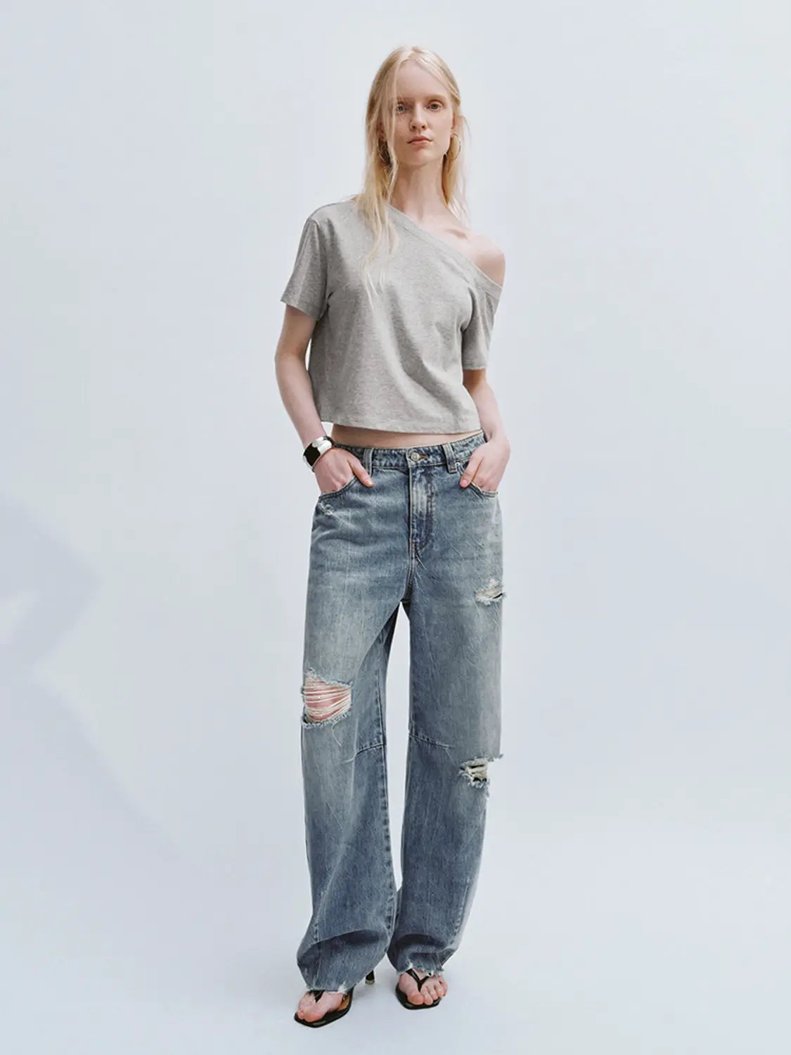 One-Shoulder Cropped Relaxed Silhouette Cotton T-Shirt