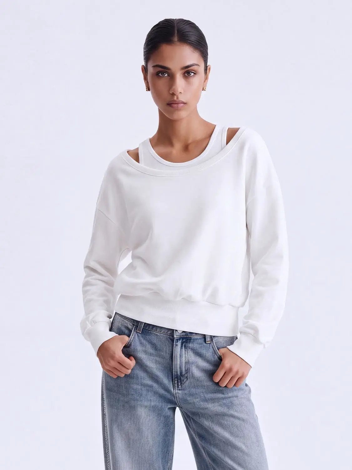 2-In-1 Off Shoulder Long Sleeve Ribbed Hem Sweatshirt