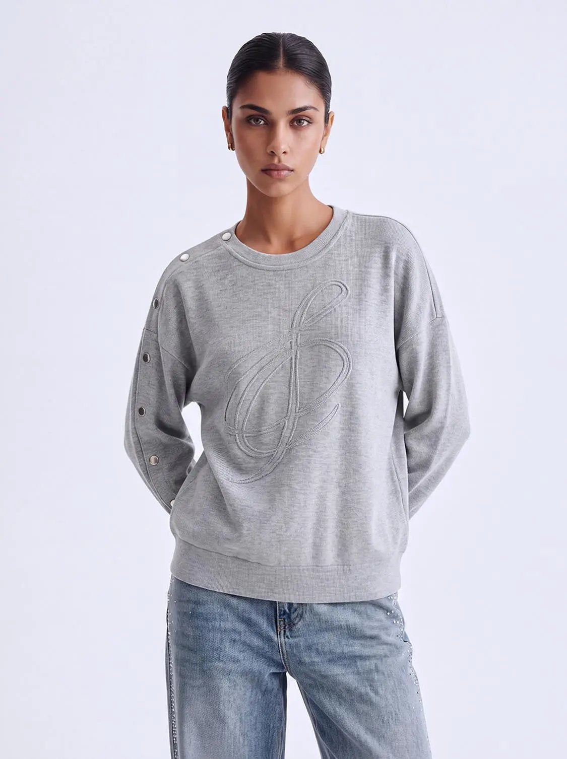 Round Neck Drop Shoulder Side Snap Button Cotton Sweatshirt