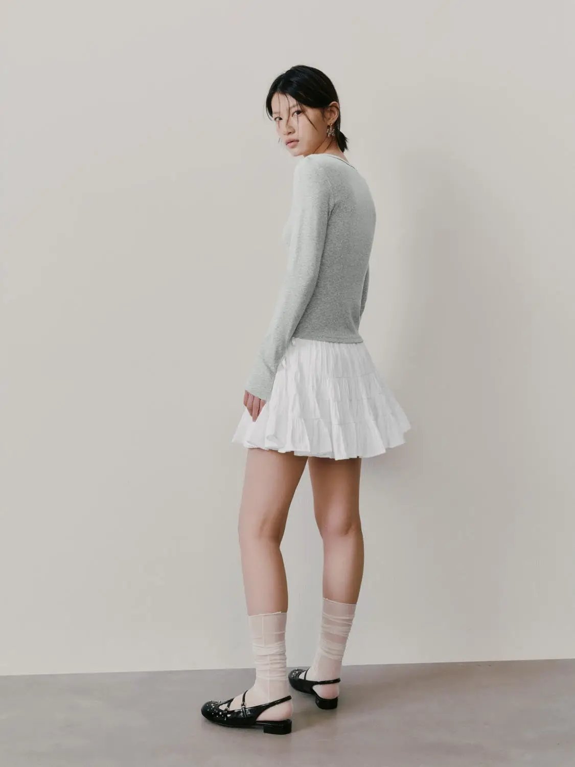 Henley Neck Slim Fit Cropped Long Sleeve Basic Top