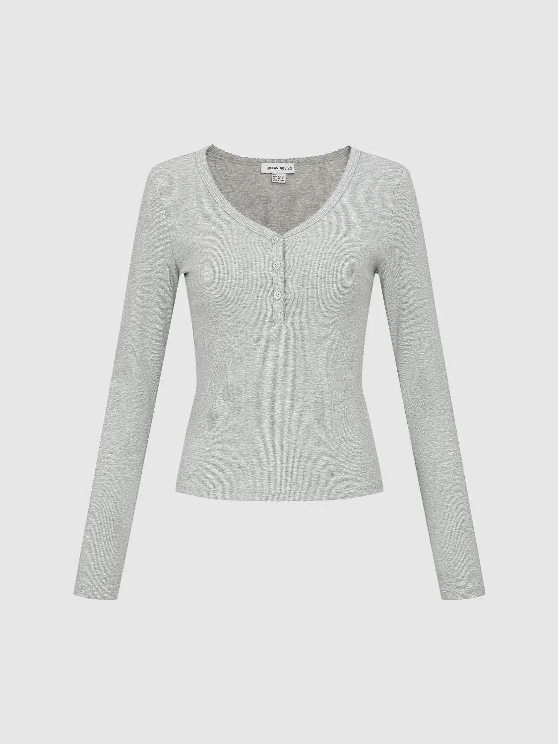 Henley Neck Slim Fit Cropped Long Sleeve Basic Top