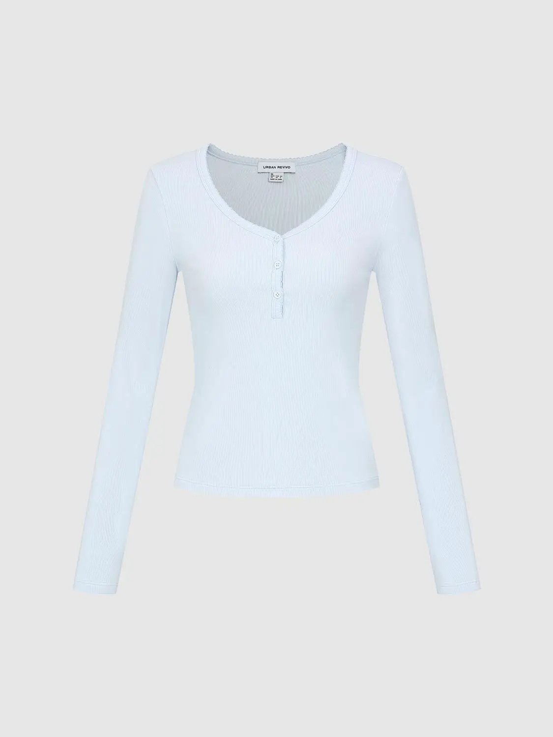 Henley Neck Slim Fit Cropped Long Sleeve Basic Top