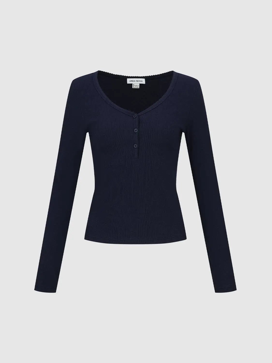 Henley Neck Slim Fit Cropped Long Sleeve Basic Top